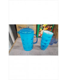 PICHET PLASTIQUE BLEU + 4 VERRES 