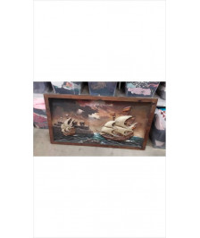 CADRE BOIS PEINT BATEAUX  RELIEF 