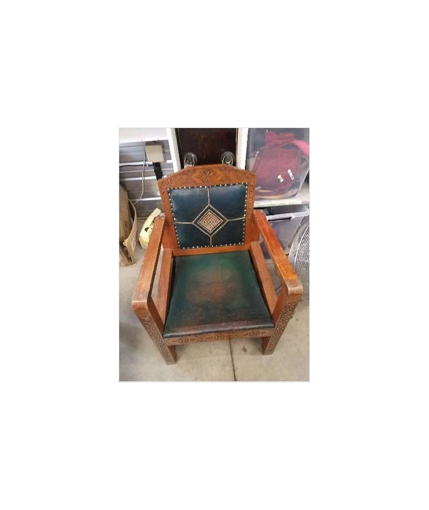 FAUTEUIL MARICAIN VINTAGE BOIS/ CUIR EN L’ETAT ( DOSSIER INCLINABLE)