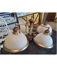 LUSTRE 3 FEUX VERRE OPALESCENT BOIS ET LAITON