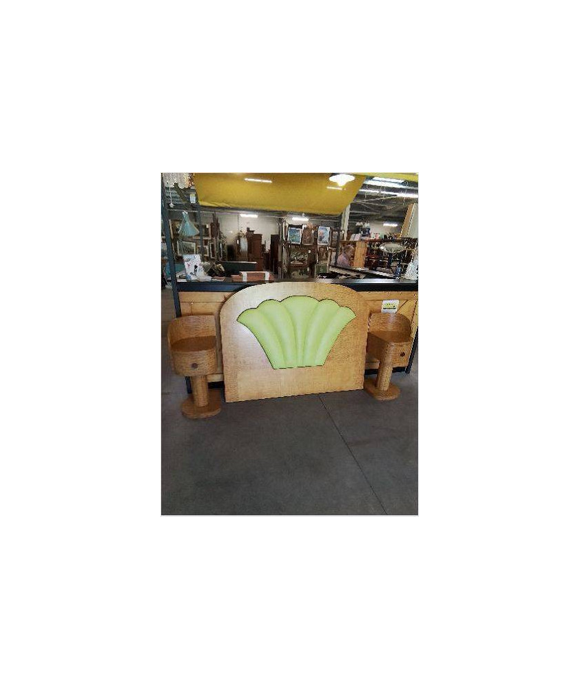 ENSEMBLE TÊTE DE LIT ET SES 2 CHEVETS ANGLAIS ART DECO BOIS CLAIR ET CUIR VERT ENSEMBLE TÊTE DE LIT ET SES 2 CHEVETS ANGLAIS ART DECO BOIS CLAIR ET CUIR VERT