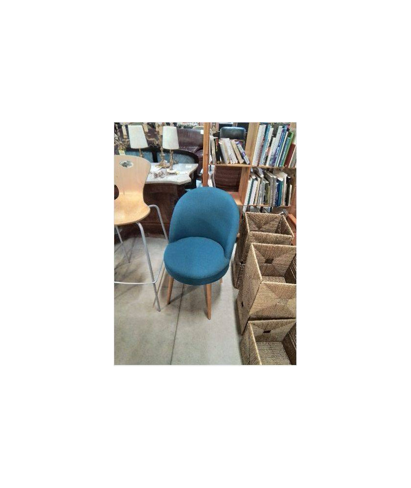FAUTEUIL ASSISE TISSU BLEU PIÈTEMENT BOIS CLAIR