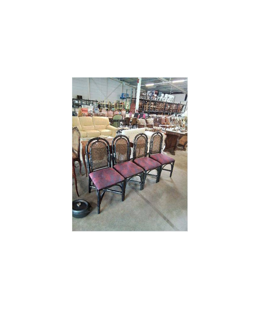 TABLE RONDE ET 4 CHAISES DOSSIER CANNÉ ASSISE TISSU MAUVE BAMBOU ET BOIS TABLE RONDE ET 4 CHAISES DOSSIER CANNÉ ASSISE TISSU MAUVE BAMBOU ET BOIS