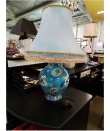 LAMPE MONACO CÉRAMIQUE BLEU DORÉ AUX POISSONS AJ ECRU ANNEES 50/60