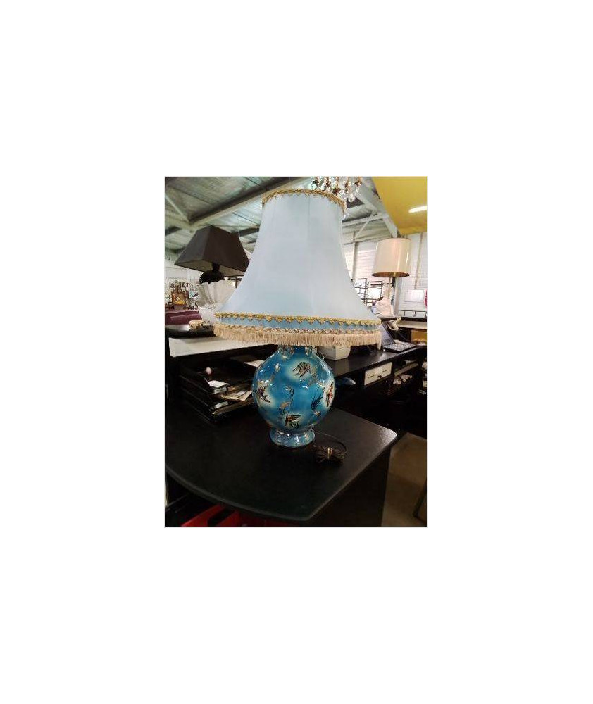 LAMPE MONACO CÉRAMIQUE BLEU DORÉ AUX POISSONS AJ ECRU ANNEES 50/60 LAMPE MONACO CÉRAMIQUE BLEU DORÉ AUX POISSONS AJ ECRU ANNEES 50/60