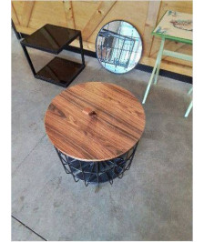 TABLE BASSE RONDE A ROULETTES MÉTAL NOIR PLATEAU BOIS 