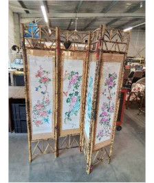 PARAVENT  BAMBOU 4 FEUILLES PEINTURE AUX OISEAUX ET FLEURS SUR PAILLE DE RIZ