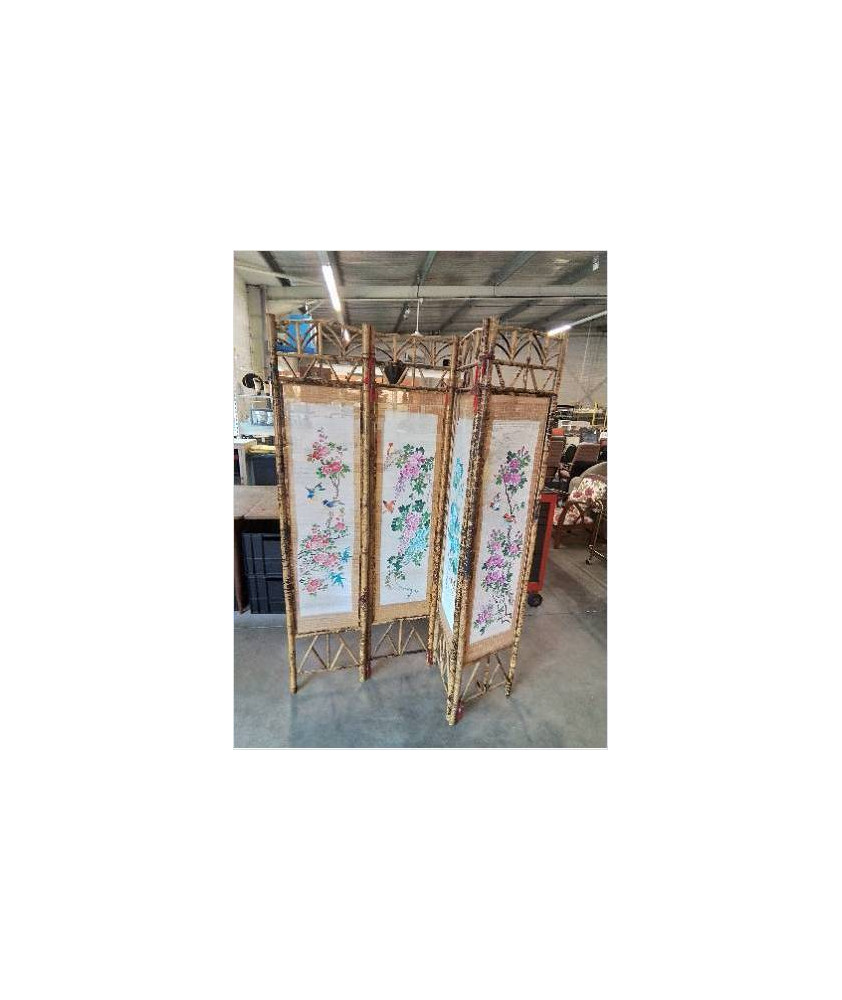 PARAVENT BAMBOU 4 FEUILLES PEINTURE AUX OISEAUX ET FLEURS SUR PAILLE DE RIZ PARAVENT BAMBOU 4 FEUILLES PEINTURE AUX OISEAUX ET FLEURS SUR PAILLE DE RIZ
