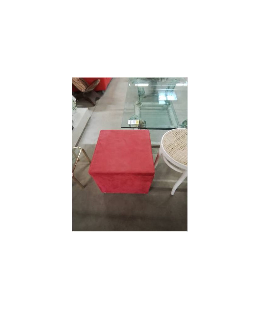 POUF COFFRE CARRÉ TISSU ROUGE PIEDS METAL CHROMÉ 