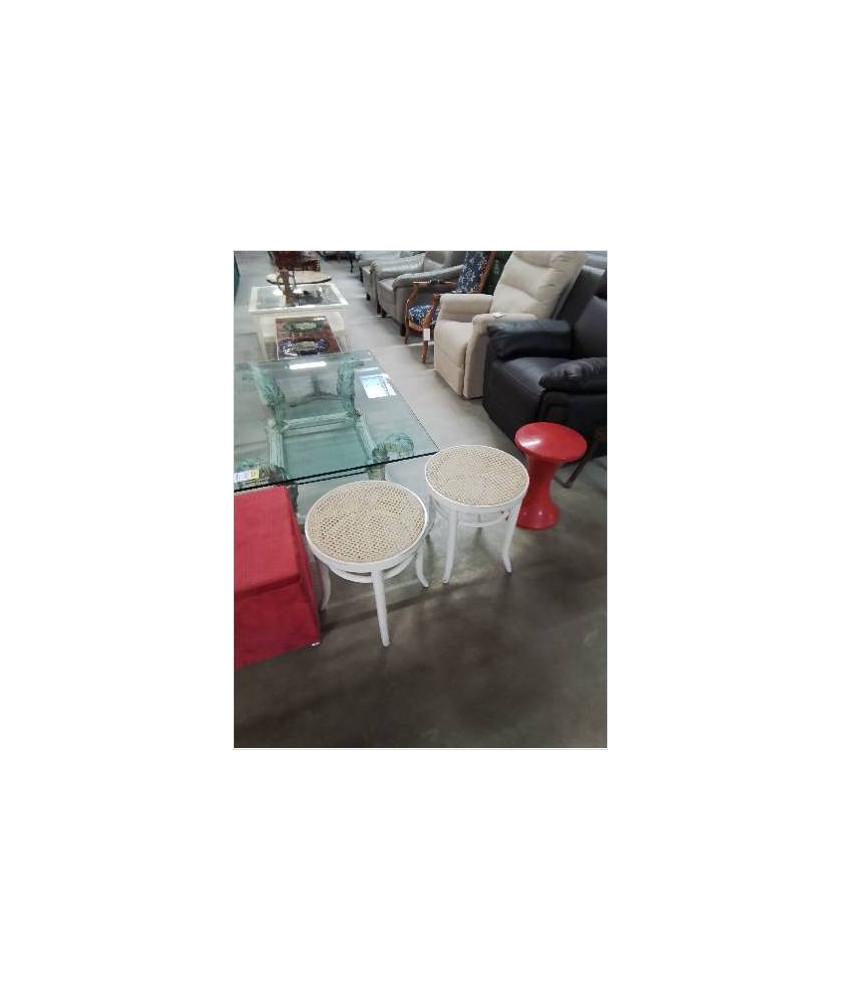 TABOURET ROND PIÈTEMENT BOIS COURBÉ PEINT BLANC ASSISE CANNÉE 