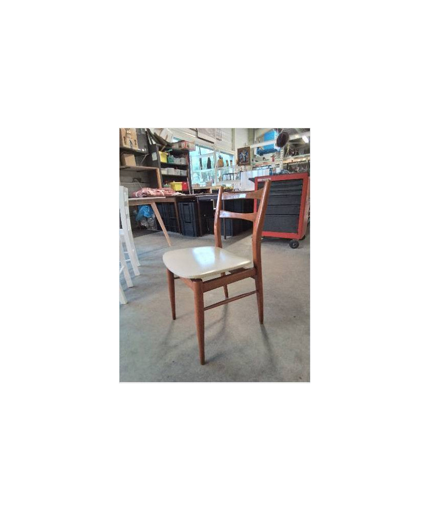 CHAISE SCANDINAVE BOIS CLAIR CAPITONNÉ SKAÏ ECRU ANNÉES 60