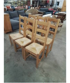 6 CHAISES BOIS CLAIR PAILLÉ A ENTRETOISE DOSSIER 3 BARREAUX 