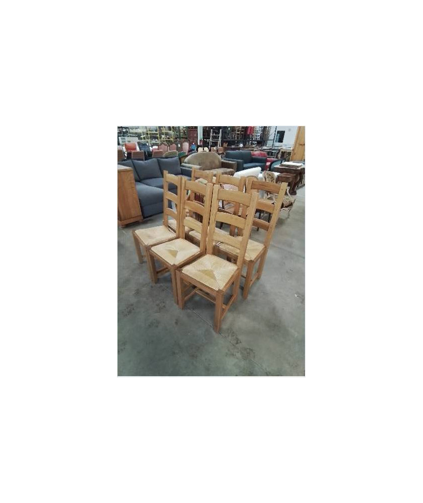 6 CHAISES BOIS CLAIR PAILLÉ A ENTRETOISE DOSSIER 3 BARREAUX 