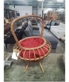 TRAVAILLEUSE ROTIN ET TISSU ROUGE ANNÉES 60
