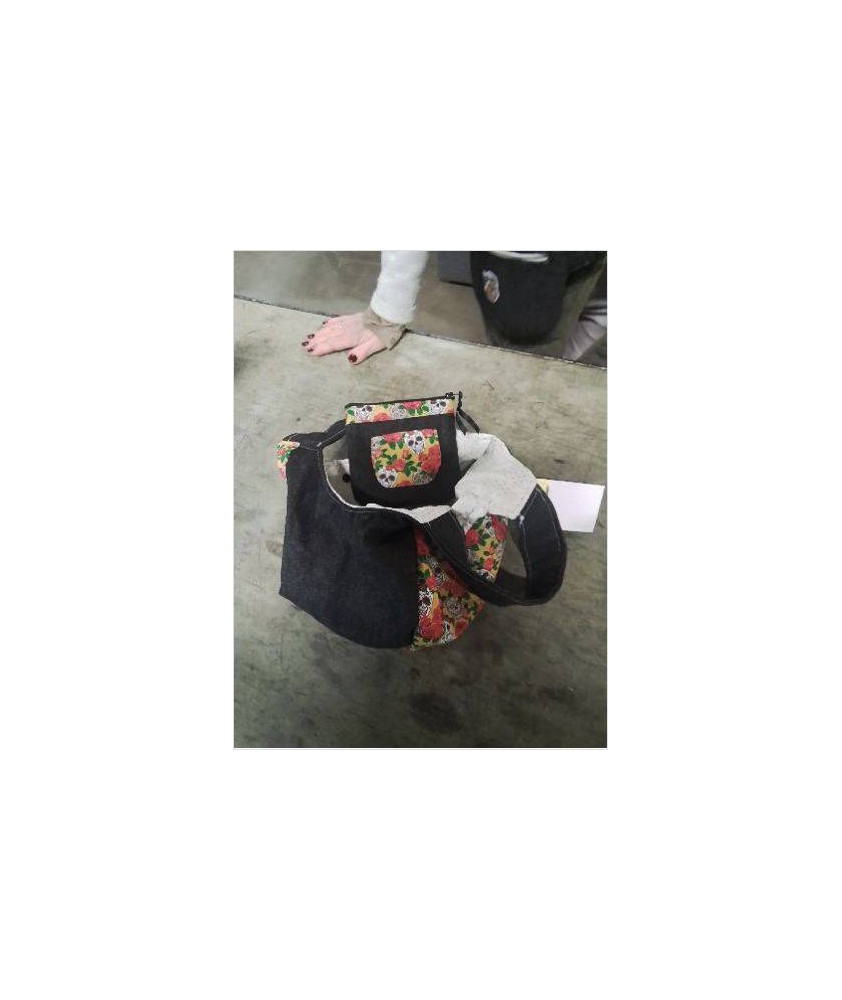 SAC BOULES JEAN NOIR TISSU MULTICOLORE + PORTE MONNAIE 