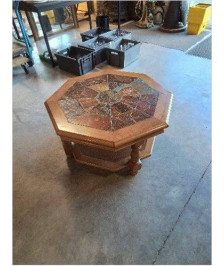 TABLE BASSE OCTOGONAL 2 NIVEAUX BOIS CARRELÉ PIEDS BALUSTRE 