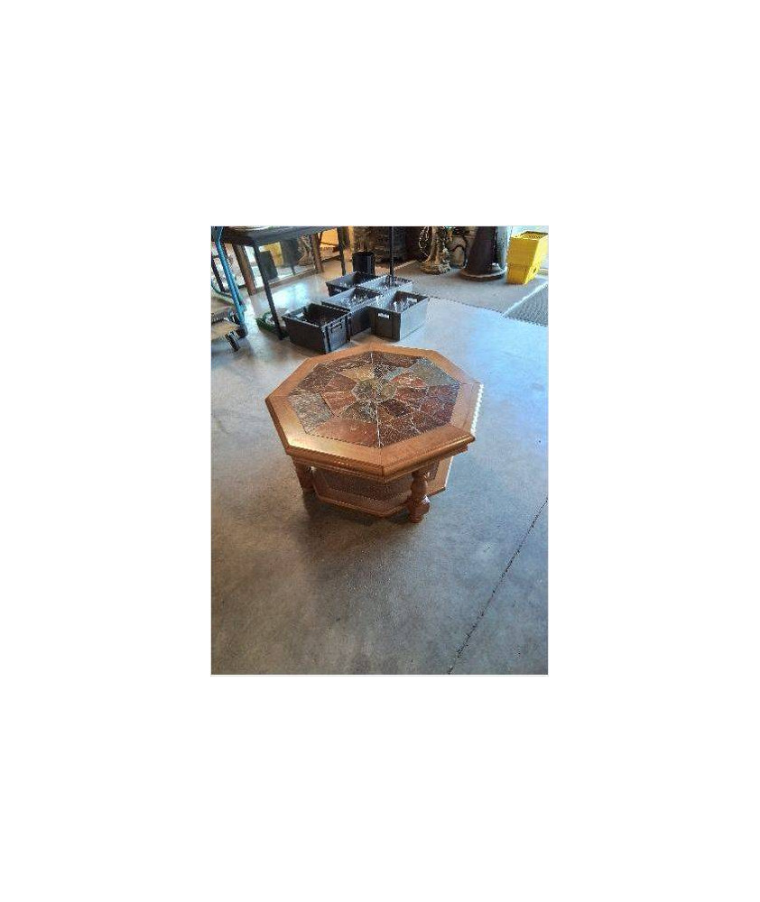 TABLE BASSE OCTOGONAL 2 NIVEAUX BOIS CARRELÉ PIEDS BALUSTRE 