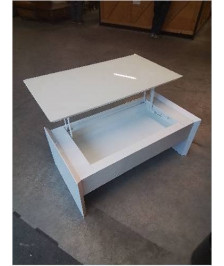TABLE BASSE COFFRE PLATEAU RELEVABLE BOIS BLANC LAQUÉ DESSUS PLATEAU VERRE BLANC