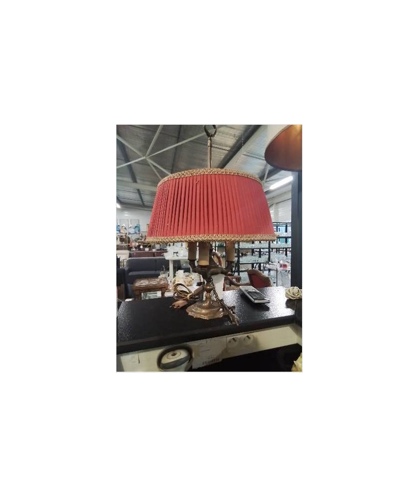LAMPE BOUILLOTTE 3 FEUX MÉTAL DORÉ AJ TISSU ROUGE LISERÉ DORÉ