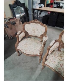 SALON 3 PIÈCES BOIS NATUREL CAPITONNÉ TISSU ECRU FLEURI STYLE LOUIS XV FIN XIXE