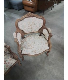 SALON 3 PIÈCES BOIS NATUREL CAPITONNÉ TISSU ECRU FLEURI STYLE LOUIS XV FIN XIXE