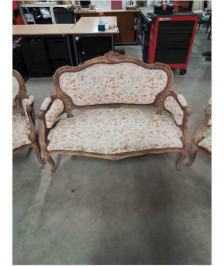 SALON 3 PIÈCES BOIS NATUREL CAPITONNÉ TISSU ECRU FLEURI STYLE LOUIS XV FIN XIXE