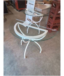 CONSOLE DEMI LUNE PIÈTEMENT FER FORGÉ BLANC  PLATEAU VERRE