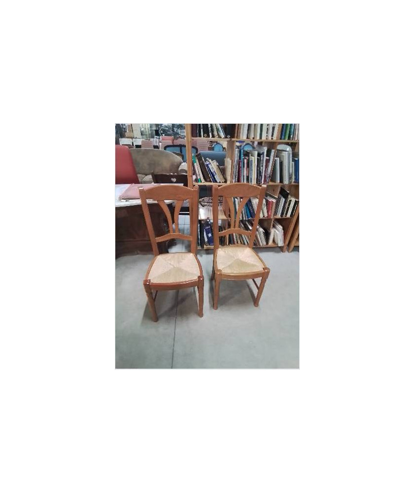 PAIRE DE CHAISES BOIS CLAIR PAILLÉ HAUT  DOSSIER CINTRÉ