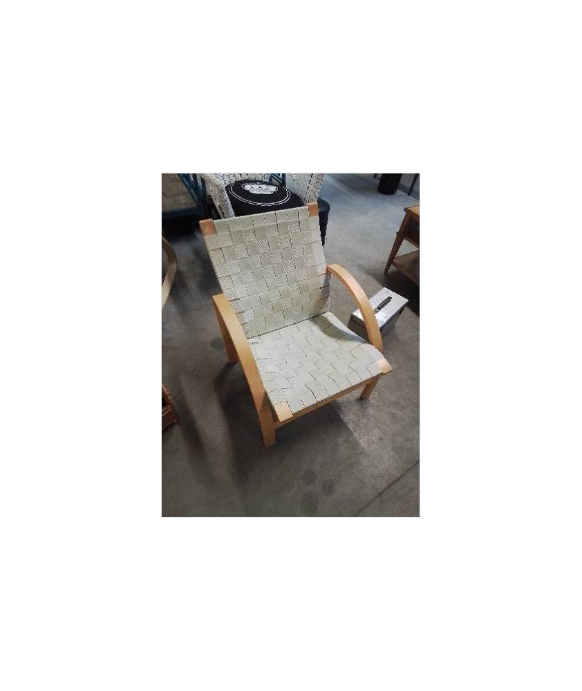 FAUTEUIL BOIS CLAIR ASSISE TISSU TRESSÉ ECRU