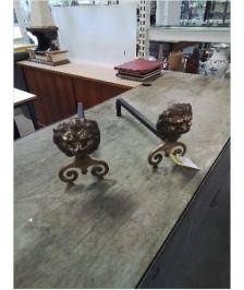 PAIRE DE CHENETS TÊTE DE LION BRONZE ET FER FORGE FONDERIE MR XXE