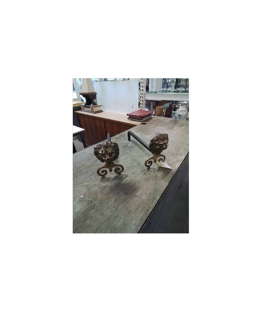 PAIRE DE CHENETS TÊTE DE LION BRONZE ET FER FORGE FONDERIE MR XXE PAIRE DE CHENETS TÊTE DE LION BRONZE ET FER FORGE FONDERIE MR XXE