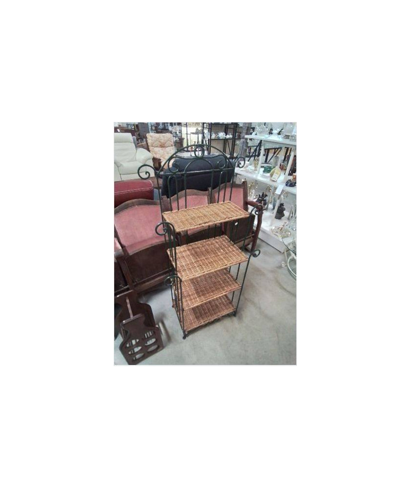 ÉTAGÈRE FER FORGÉ VERT 4 TABLETTES VANNERIE 