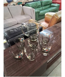 SERVICE A ORANGEADE VERRE SOUFFLÉ PEINT AUX FLEURS 7 PIÈCES XXE 