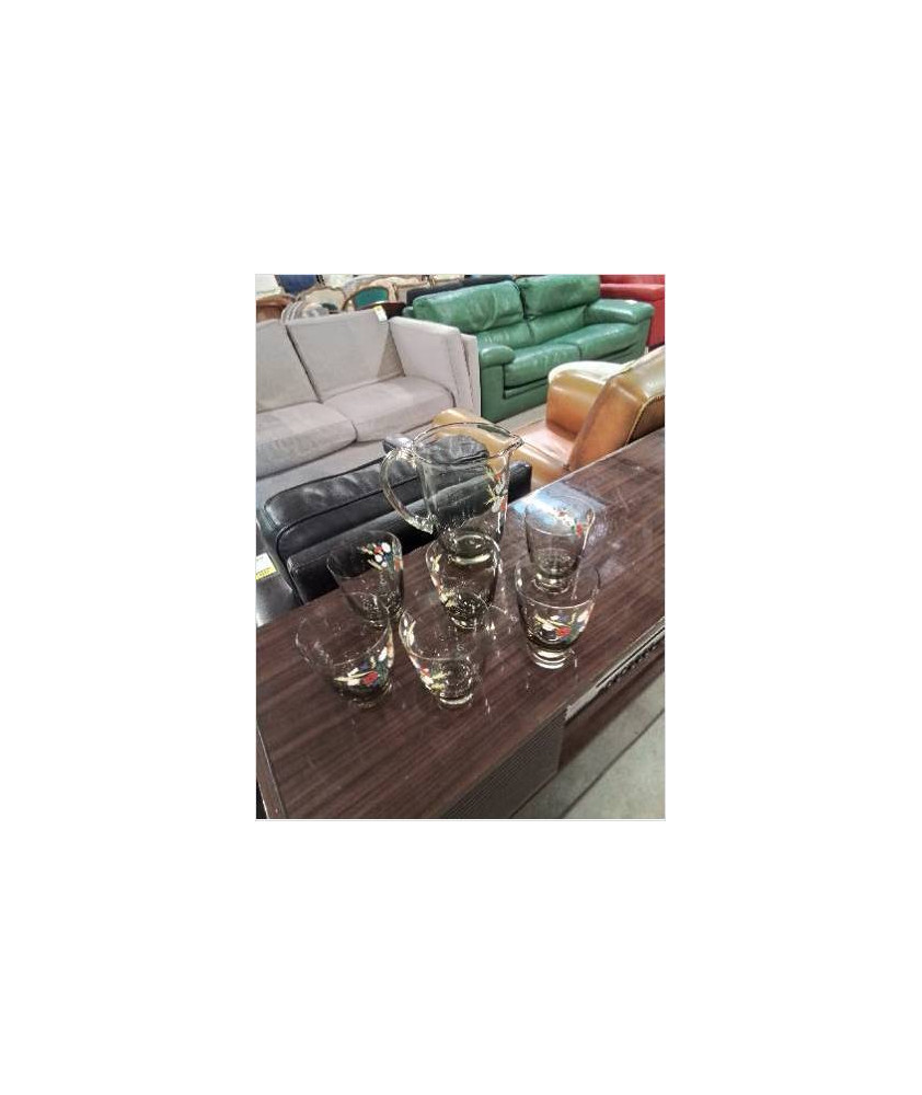 SERVICE A ORANGEADE VERRE SOUFFLÉ PEINT AUX FLEURS 7 PIÈCES XXE 