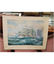 AQUARELLE TROIS  MATS SOUS VOILE M BOSQUET 1937 
