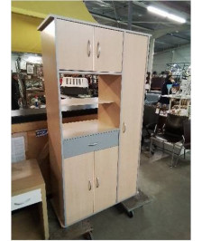 MEUBLE DE CUISINE 2 NICHES 5 PORTES 1 TIROIR BOIS CLAIR LISERÉ GRIS