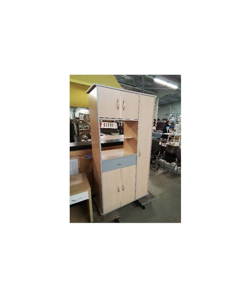 MEUBLE DE CUISINE 2 NICHES 5 PORTES 1 TIROIR BOIS CLAIR LISERÉ GRIS