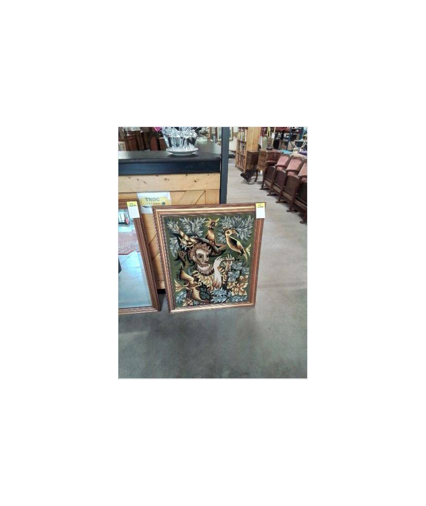 TAPISSERIE LE JOUEUR DE FLUTE ANNIE BOUQUET  CADRE MOULURÉ DORÉ
