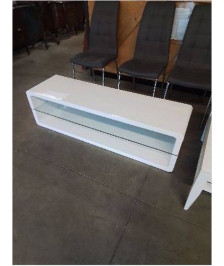 MEUBLE TV BAS BOIS BLANC LAQUÉ 1 TABLETTE VERRE 