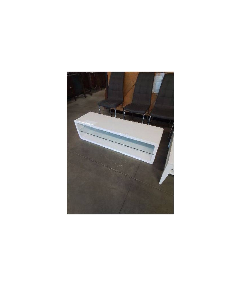 MEUBLE TV BAS BOIS BLANC LAQUÉ 1 TABLETTE VERRE 