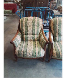 PAIRE DE FAUTEUILS  BOIS  TISSU VERT ET JAUNE A RAYURES