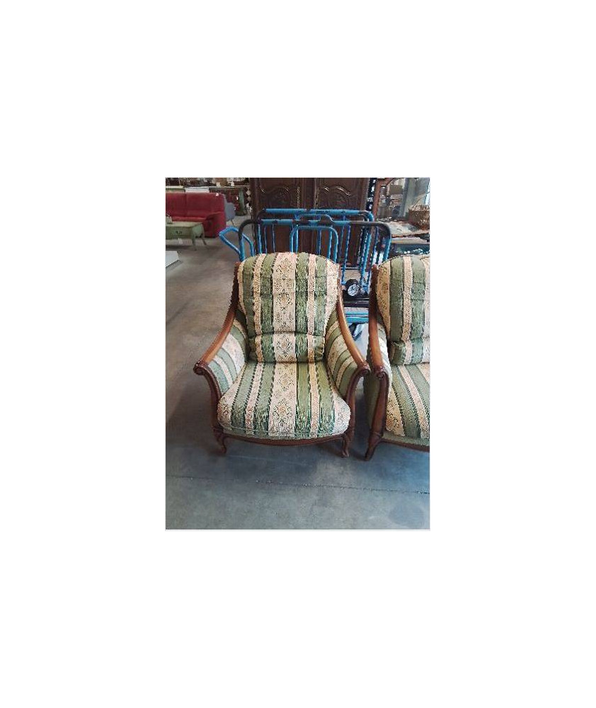 PAIRE DE FAUTEUILS  BOIS  TISSU VERT ET JAUNE A RAYURES