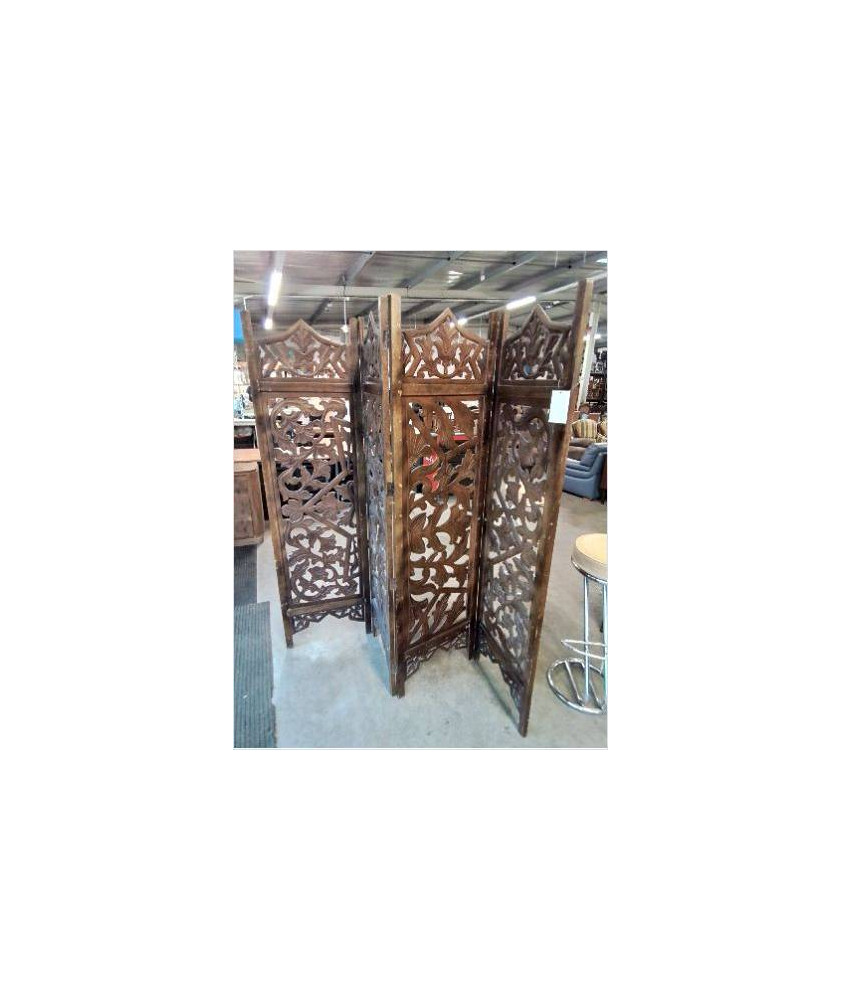PARAVENT 4 VANTAUX BOIS SCULPTÉ AUX FEUILLES 