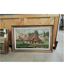 HUILE SUR TOILE CHAUMIÈRE AUX POMMIERS FLEURIS