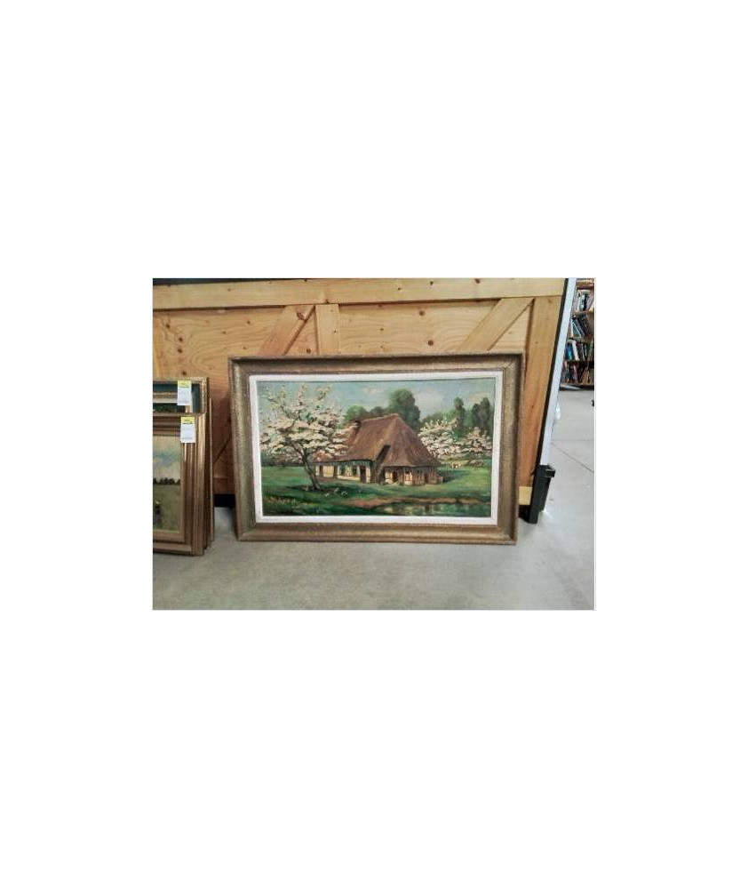 HUILE SUR TOILE CHAUMIÈRE AUX POMMIERS FLEURIS HUILE SUR TOILE CHAUMIÈRE AUX POMMIERS FLEURIS