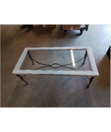 TABLE BASSE RECTANGULAIRE PLATEAU VERRE ET BOIS PIÈTEMENT MÉTAL 