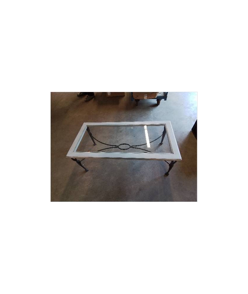 TABLE BASSE RECTANGULAIRE PLATEAU VERRE ET BOIS PIÈTEMENT MÉTAL 
