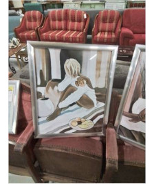 GRAVURE FEMME ASSISE A LA COUPE DE FRUITS PIERRE FAREL 1957