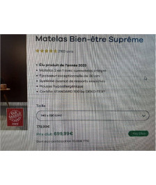 MATELAS + SURMATELAS 140X190 BIEN ETRE SUPREME H 30CM (RETOUR INTERNET HYPNIA 699.00€TTC)