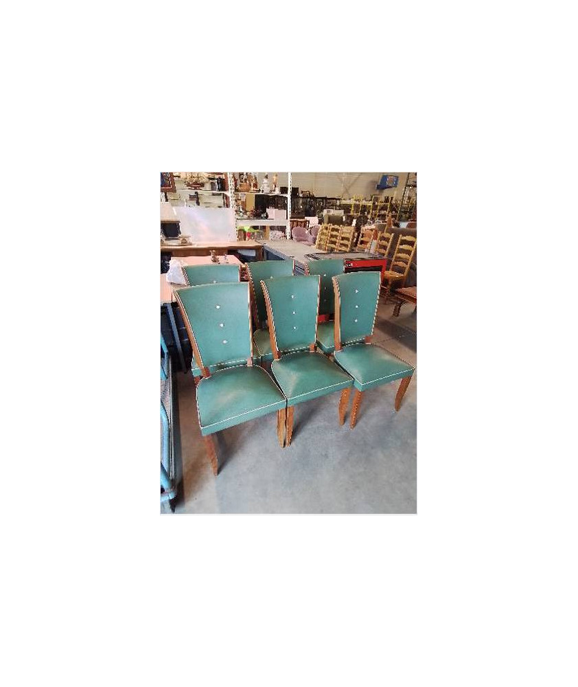 6 CHAISES BOIS ASSISE ET DOSSIER CAPITONNÉ SKAÏ VERT ANNÉES 50